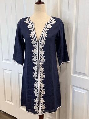 *NWT Women's P/S 6-8 Linen Dress by Sulu Collection Navy Blue, White Embroidery